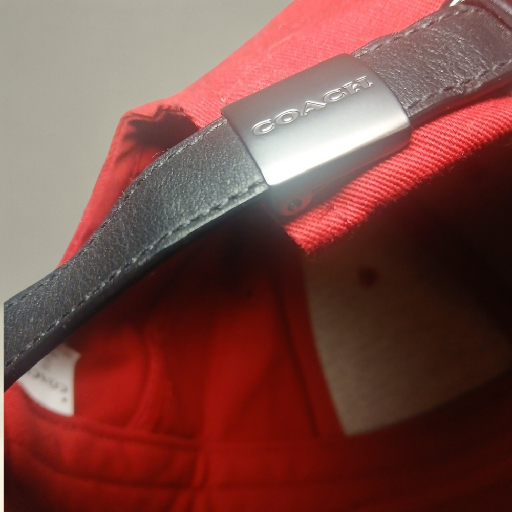 Coach Red Baseball Cap With Adjustable Leather Strap And Leather C Unisex OSFM - Picture 6 of 7